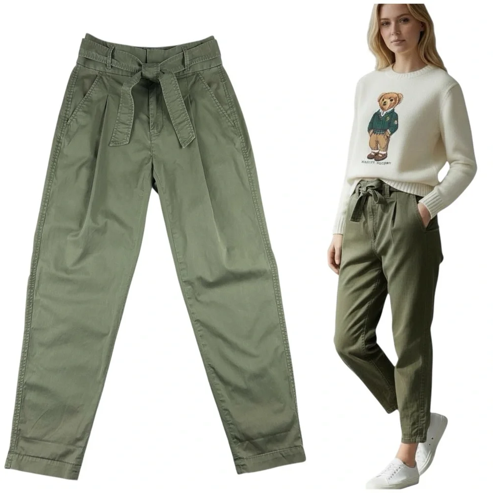 Polo Ralph Lauren Womens Belted Tapered Leg Pleated Pants Size 0 Green Preppy Gr - Picture 1 of 16
